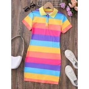 SHEIN Teen Girls Color Block Striped Casual Polo Collar Short Sleeve Knit Dress…